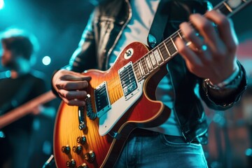 Obraz premium Man playing electric guitar in night club. Music festival and concert concept. Guitarist playing an electric guitar in a recording studio, music concept. with generative ai