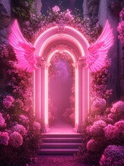 Fototapeta premium A neon pink arch with angel wings and flowers surrounding it with a symmetrical design. Fantasy concept. 