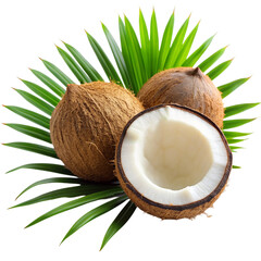 Coconuts with leaves Isolated on transparent background.