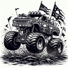 Bold black and white monster truck with intricate skull details