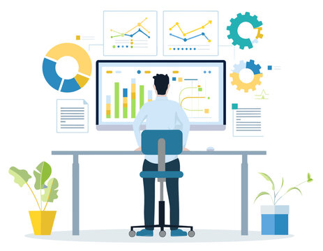 Data annalist specialist working in data center. Flat design illustration on transparent background