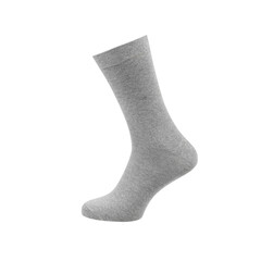 Gray men's sock on the leg isolated on white background.