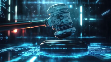 A digital gavel stands ready on a digital platform with blue glowing lights and a futuristic background.