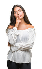 Fototapeta premium Young beautiful arab woman over isolated background with hand on chin thinking about question, pensive expression. Smiling with thoughtful face. Doubt concept.