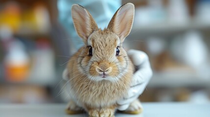 Fluffy rabbit at a vet clinic getting checked by a gloved hand, with an out-of-focus background.