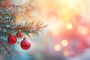 Obraz premium Merry Christmas and Happy New Year. Festive bright beautiful background. Christmas decorations on a spruce branch with colorful bokeh background with generative ai