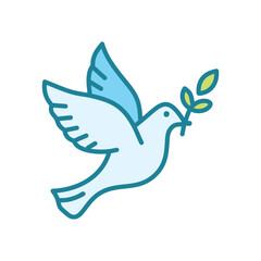 Peace dove icon. White dove flying with olive branch in beak, symbolizing peace, hope, and new beginnings.