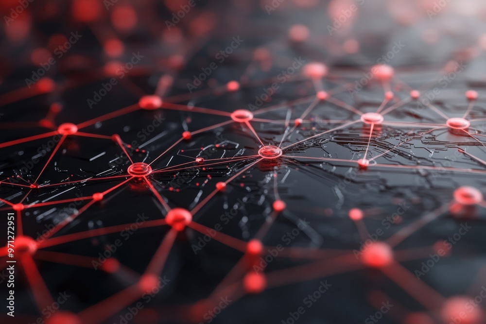 Wall mural a stunning visualization of a digital network pathways illuminated by red lights and shadows