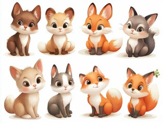 Fototapeta premium Adorable Baby Foxes and Cats Illustration