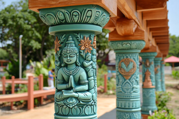 A statue of Buddha is carved into a pillar