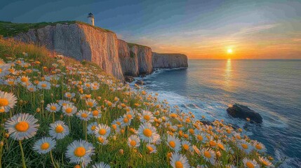 Sunset over the coastal cliffs adorned with wildflowers at a serene lighthouse