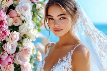 Naklejka premium A beautiful bride on her wedding day, standing in front of a flower arch, her veil gently swaying in the wind, with joy and love in her eyes