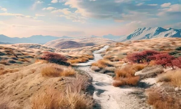 Desert trail winding through dunes, hyperrealistic Video