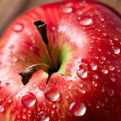 shows a close-up of a red apple. The apple's skin is covered in water droplets, which sparkle in the light. The stem of the apple is also visible.