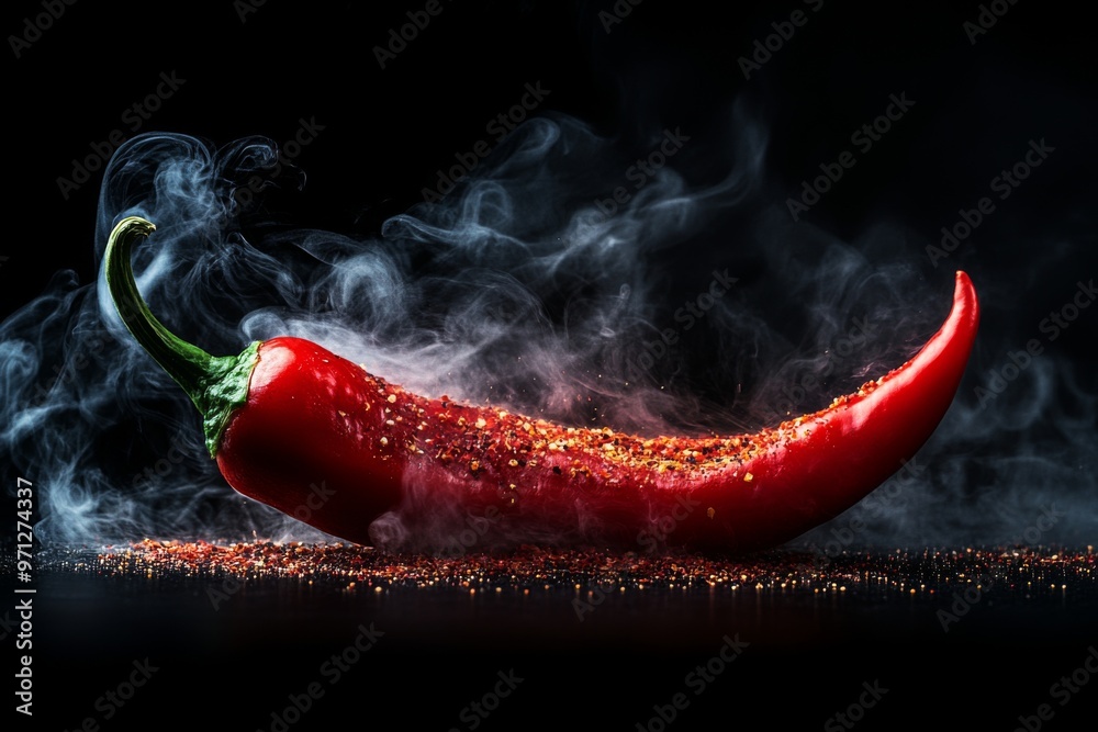 Wall mural delicious smoky red pepper, isolated on dark background. a vibrant red chili pepper covered in water