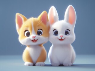 Cute Cartoon Cat and Rabbit