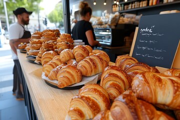 A busy scene at a Marseille bakery, with freshly baked baguettes, croissants, and pastries displayed in the window