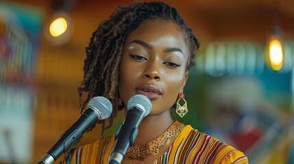 woman singing in microphone Intense slam poetry performance passionate delivery