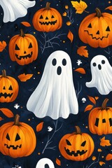 Halloween Ghosts and Pumpkins Illustration