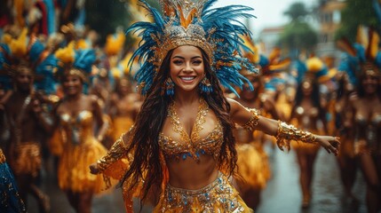 Vibrant carnival dancer celebrates heritage during lively street festival in colorful attire