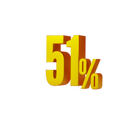 3d illustration of golden number 51 percent or 51% isolated on white background. 3d render.