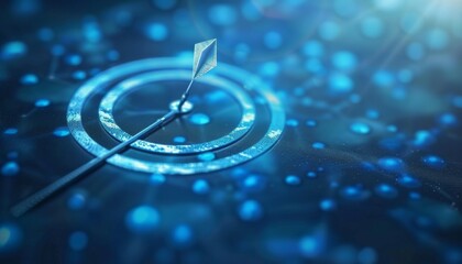 A silver arrow pierces the center of a glowing blue target, symbolizing success and achieving goals.