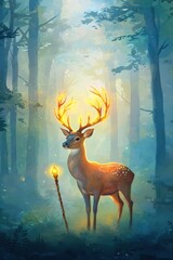 Fototapeta premium Deer with a wizard staff, glowing antlers, magical forest scene, Watercolor style