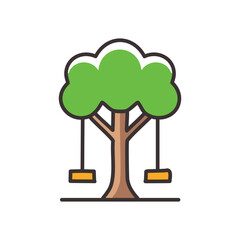 Tree with swings. Simple illustration of a tree with two swings hanging from its branches. Ideal for representing leisure, play, and childhood.