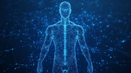 Digital Representation of a Human Figure Surrounded by Glowing Data Particles in a Dark Environment