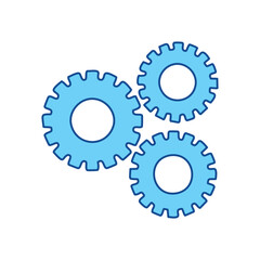 Blue gears icon. Three blue gears interlocking, representing collaboration, teamwork, and synergy.