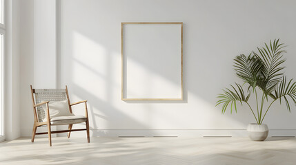 Blank picture frame mockup on white wall. White living room design. View of modern scandinavian style interior with chair. Home staging and minimalism concept 3D render. Generative Ai.