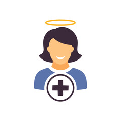 Angel healthcare worker. Smiling woman with halo and medical cross, representing compassion and care in healthcare.