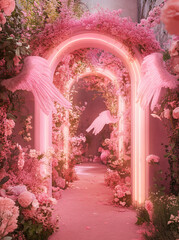 Fototapeta premium A neon pink arch with angel wings and flowers surrounding it with a symmetrical design. Fantasy concept. 