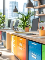 Modern Office Desk with Colorful Drawers.