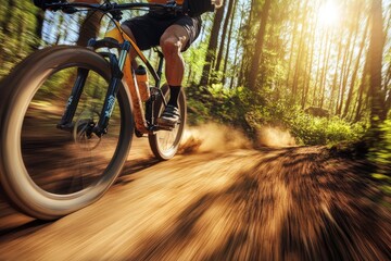 Naklejka premium Mountain biker riding on the forest trail. Extreme sport with generative ai