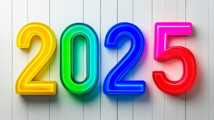 A colorful display of the number 2025, with each digit represented by a different color. The vibrant colors and the arrangement of the numbers create a lively and cheerful atmosphere