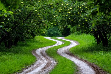 Fototapeta premium A dirt road cutting through an apple orchard, with ripe apples hanging from the trees and the scent of fruit in the air