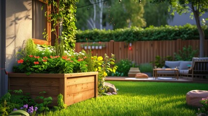 Lush garden with wooden planter box and trellis