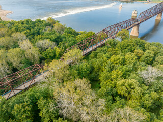 Chain of Rocks on the Mississippi RIver above St Louis with the Low Water Dam, water towers and old...