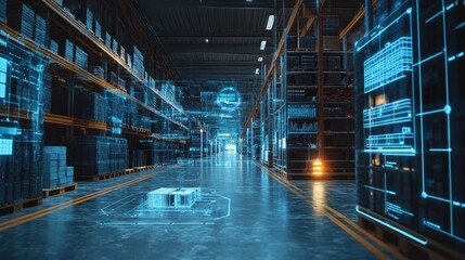 A futuristic warehouse with digital displays showing data and information.