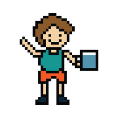 Obraz premium Cute pixel cartoon 8bit character man drink water healthy lifestyle decoration life style 8 bit male boy drinking health water glass isolated PNG vector.