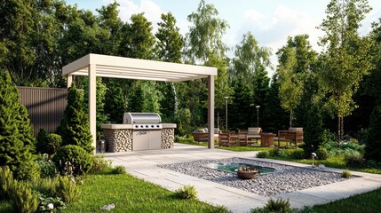 This 3D rendering shows a white pergola and a jacuzzi on a modern urban patio.