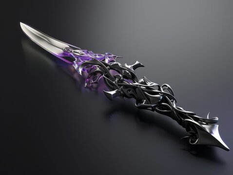 A stylized silver dagger with a purple, flowing, vine-like design on the hilt.  The blade is sharp and pointed.  The background is a dark gray.