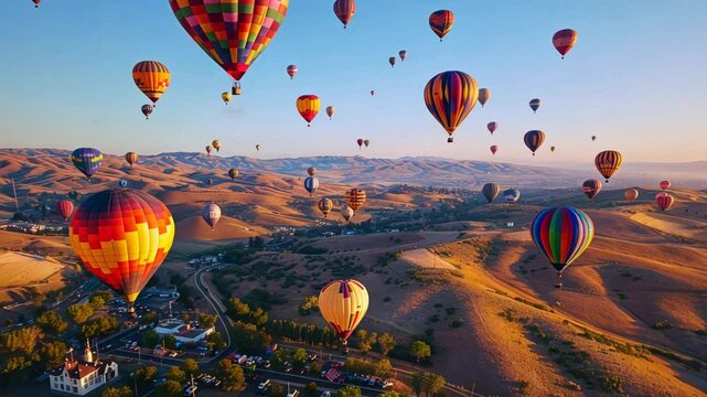 Hot Air Balloon Festival: A breathtaking aerial view of a vibrant hot air balloon festival, showcasing a multitude of colorful balloons soaring over rolling hills and a picturesque landscape. The imag