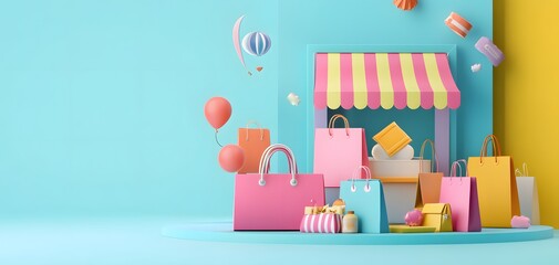Colorful storefront with shopping bags and balloons, perfect for representing retail, commerce, and celebration themes.