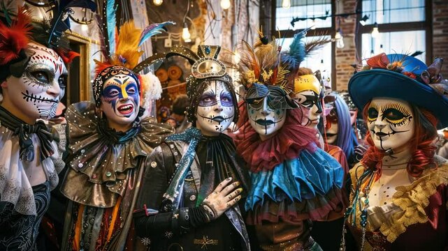 Day of the Dead Dazzle: A vibrant group dressed in elaborate, colorful costumes and sugar skull makeup celebrates Dia de los Muertos with joyous energy. 