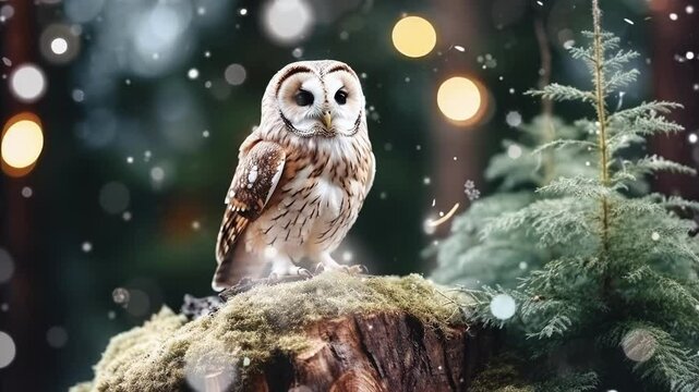 Beautiful ural owl is perching on a mossy stump in a forest with christmas lights in the background and light snow falling