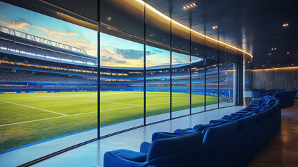 Blue seats in a vip area of a sports stadium
