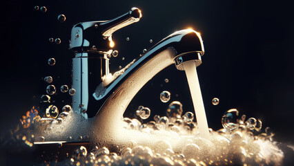 Faucet with splashing water and soap foam with bubbles, black background