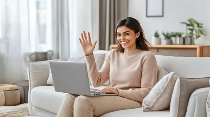 Indian woman sitting on a sofa in her living room smiling and waving to someone during a video call, engaging remotely in a hybrid work setup, casual home environment